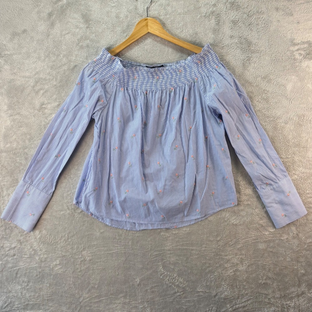 Tommy Hilfiger Striped Embroidered Top Smocked Blouse‎ Blue Floral Mens Sz L
